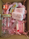 Wooden pink bow cup(Solid plastic),Pink band make up set, Fruit wipes, nail buffer, scented candle,nougat