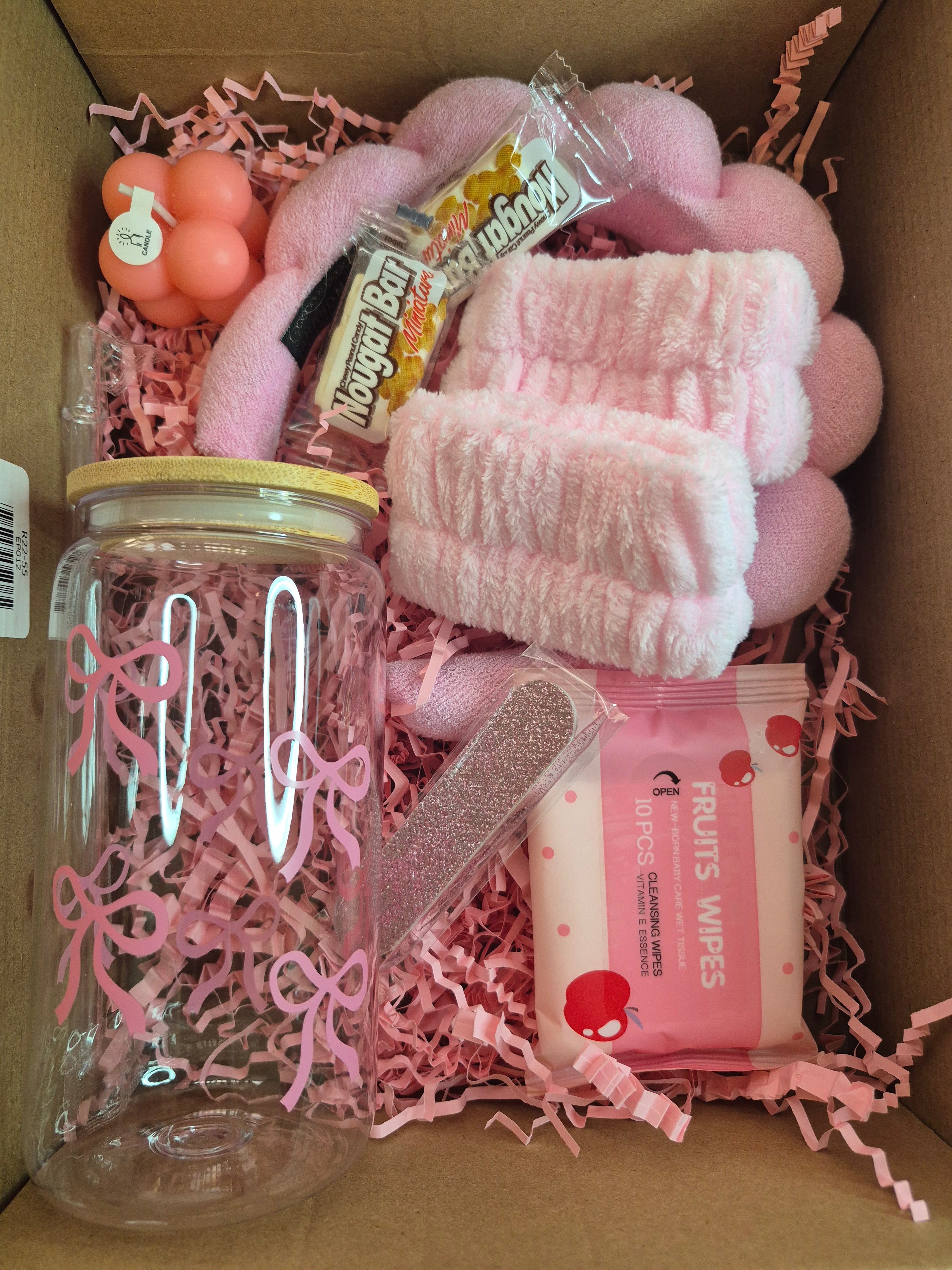 Wooden pink bow cup(Solid plastic),Pink band make up set, Fruit wipes, nail buffer, scented candle,nougat